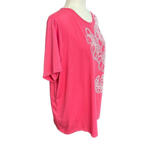 Talbots Shirt Women 3x Pink Short Sleeve Round Neck Bead Embroidered Floral - Picture 3 of 10